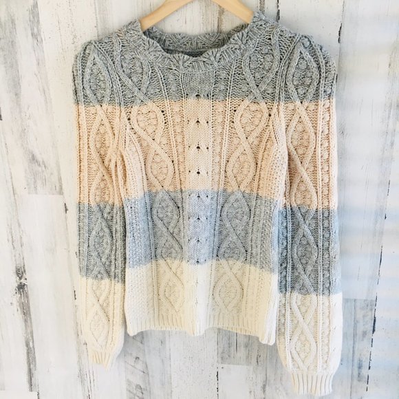 La Vie Rebecca Taylor Cable Knit Sweater Wool Cotton Blend Striped - Picture 4 of 12